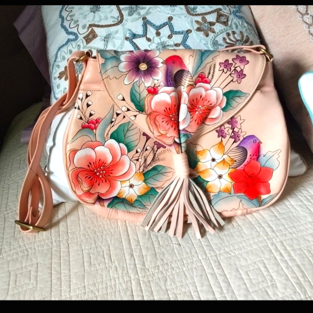Anna by Anuschka Peach Floral Flap Hobo Leather Limited Crossbody Handbag